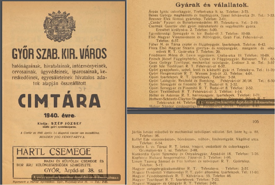 Az 1940-es címtárban a Magyar Textilipari Rt. és a Győri Textilipari Rt. is szerepel.